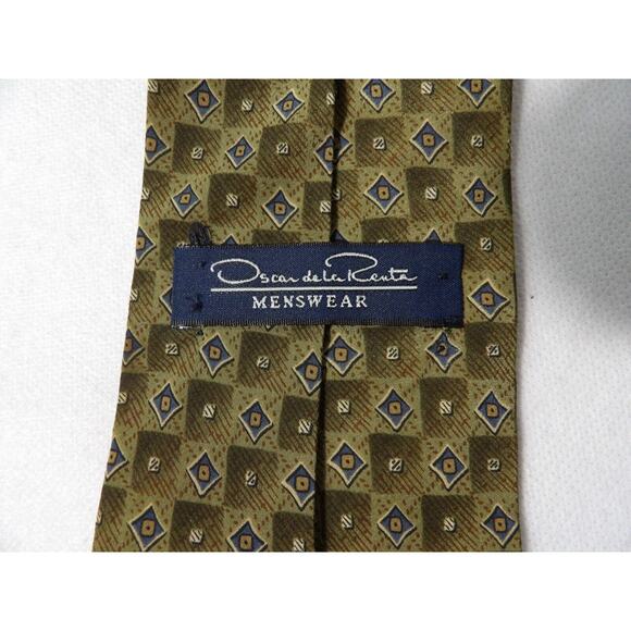 Vtg Oscar De La Renta Mens Silk Neck Tie Geometric Squares Green Neutral Italy - Picture 2 of 12